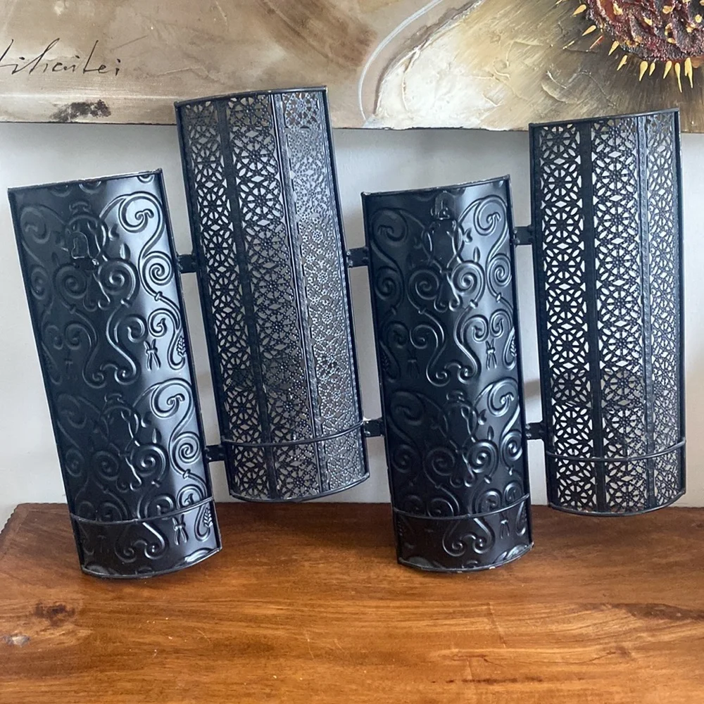 Vintage Pier 1 Metal Scroll Wall Sconce Candle Holder 4 Pillar Earth Tones